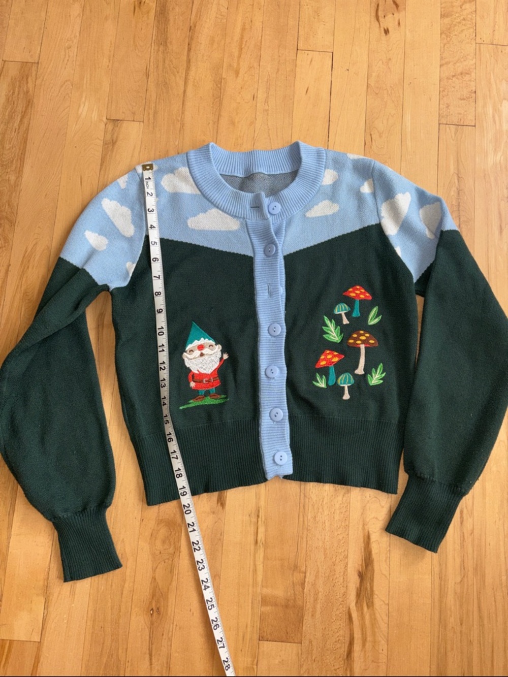 Blue & Forest Green Button-Up Cardigan Sweater with Gnome and Mushrooms 🍄
